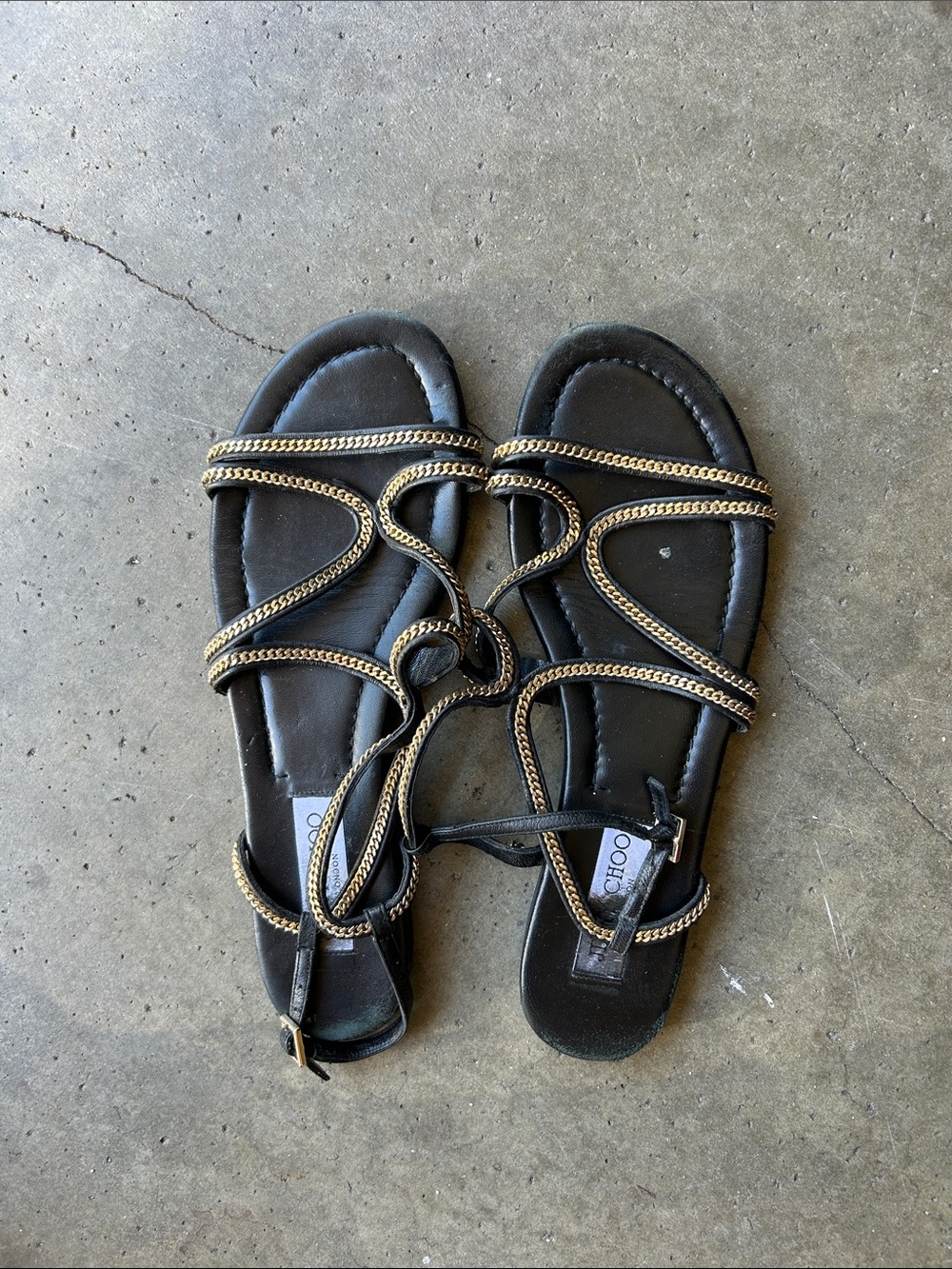 Jimmy Choo Black Sandals with Gold Chain Trim